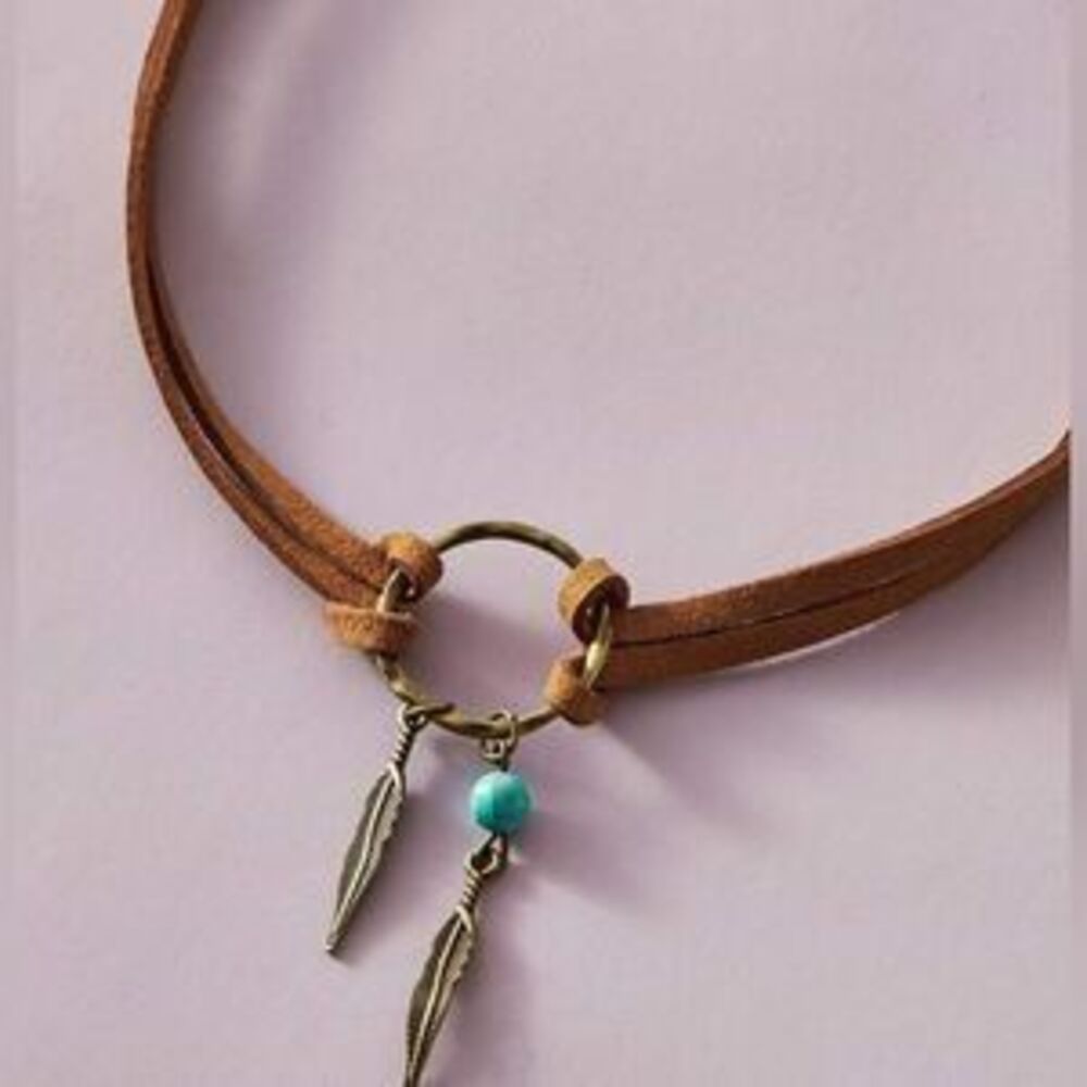 Cowgirl?Western Boho Vintage 70s Style Aztec Suede Turquoise Beaded Choker - Picture 4 of 5